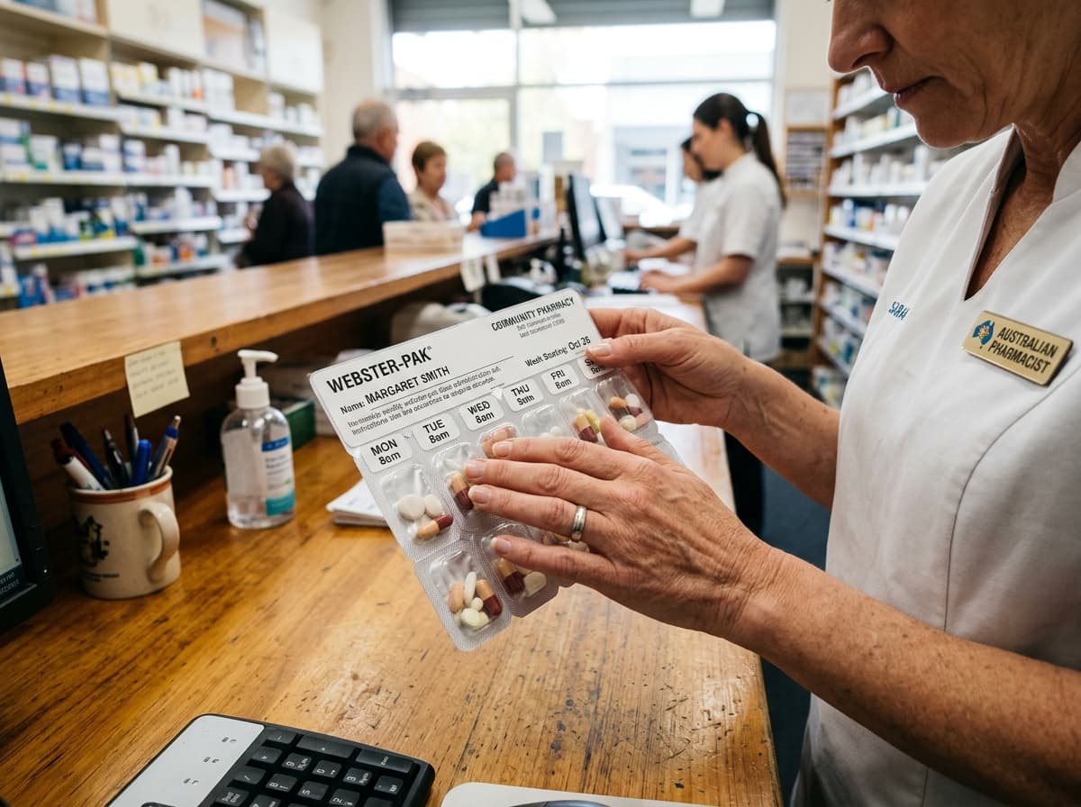 Pharmacist carefully checking Webster-pak dose administration aid at dispensary bench