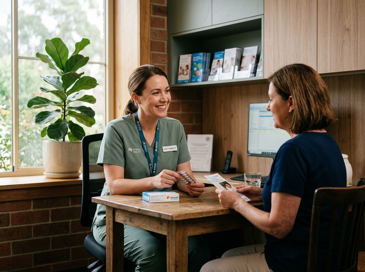 Friendly Australian community pharmacist in consultation with a patient at Wellstead Pharmacy